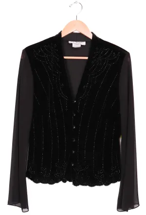 80s J.R. Nites by Caliendo Black Beaded Formal Blouse w/ Sheer Sleeves
