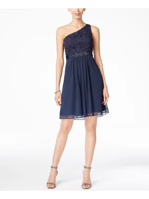 ADRIANNA PAPELL Womens Beaded Sleeveless Asymmetrical Neckline Above The Knee Formal Fit   Flare Dress