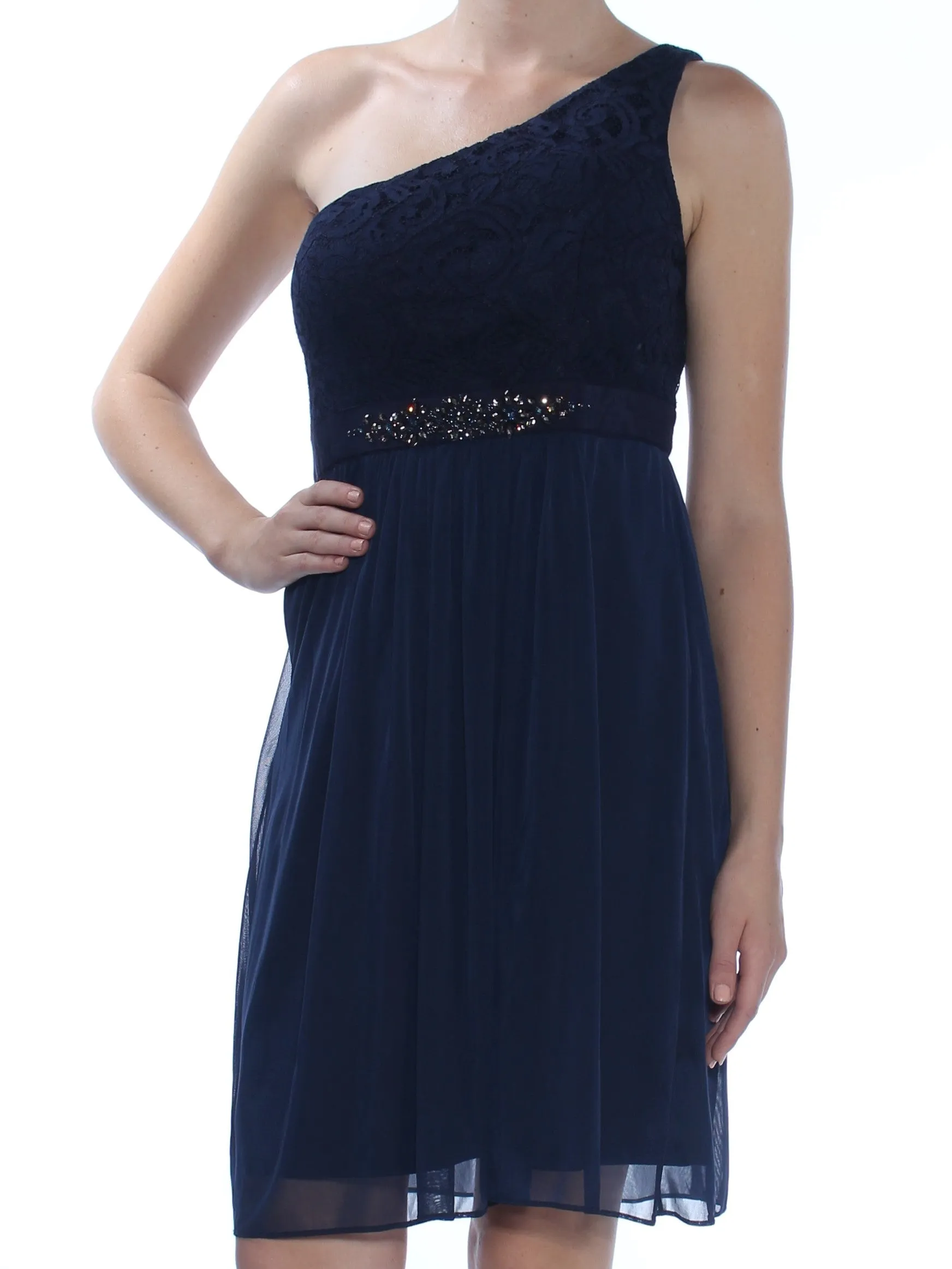 ADRIANNA PAPELL Womens Beaded Sleeveless Asymmetrical Neckline Above The Knee Formal Fit   Flare Dress