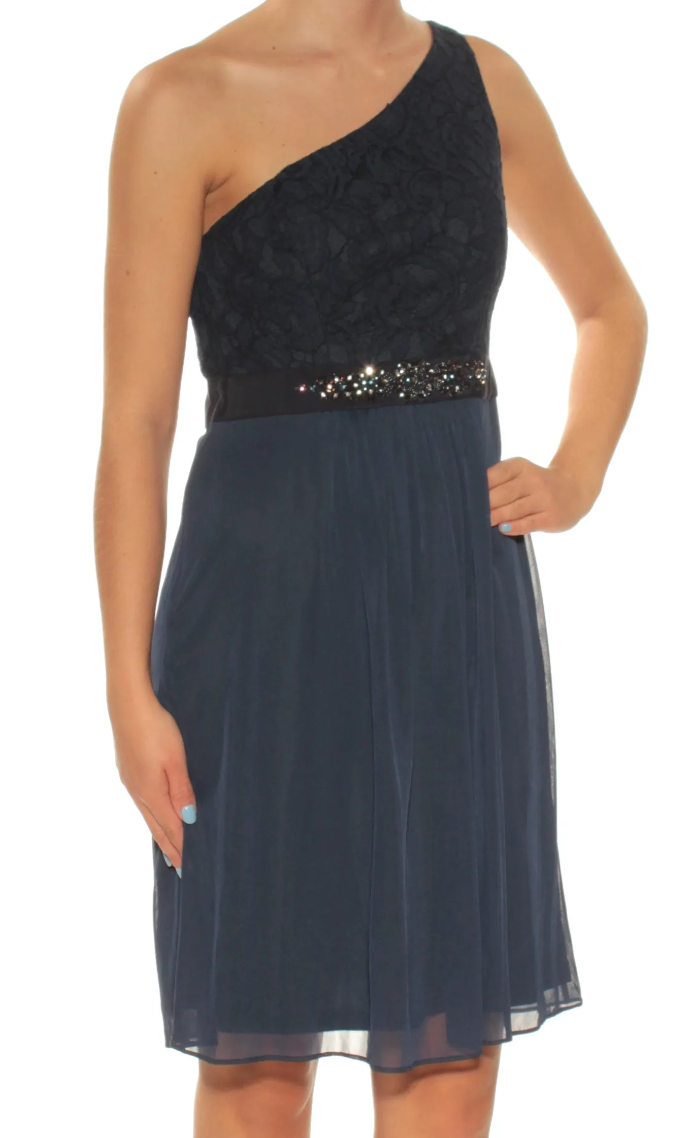 ADRIANNA PAPELL Womens Beaded Sleeveless Asymmetrical Neckline Above The Knee Formal Fit   Flare Dress