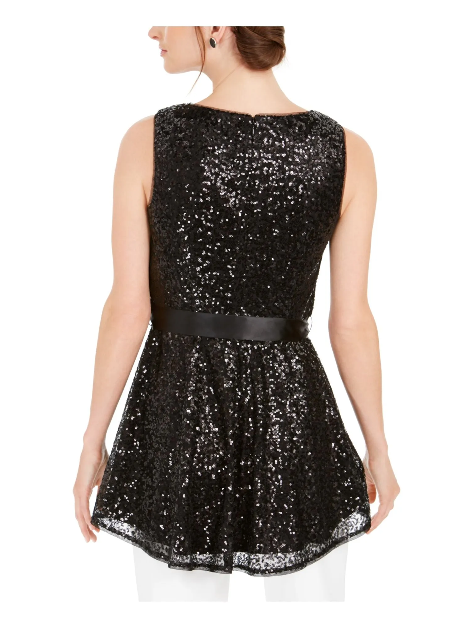 ADRIANNA PAPELL Womens Black Sequined Tie Sleeveless Jewel Neck Peplum Top