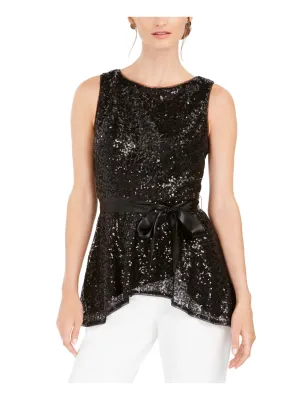 ADRIANNA PAPELL Womens Black Sequined Tie Sleeveless Jewel Neck Peplum Top