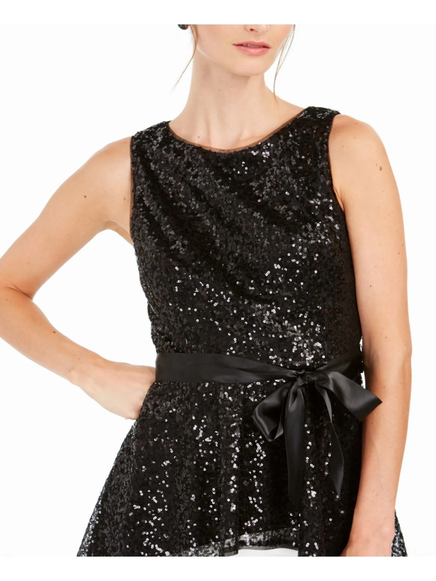 ADRIANNA PAPELL Womens Black Sequined Tie Sleeveless Jewel Neck Peplum Top