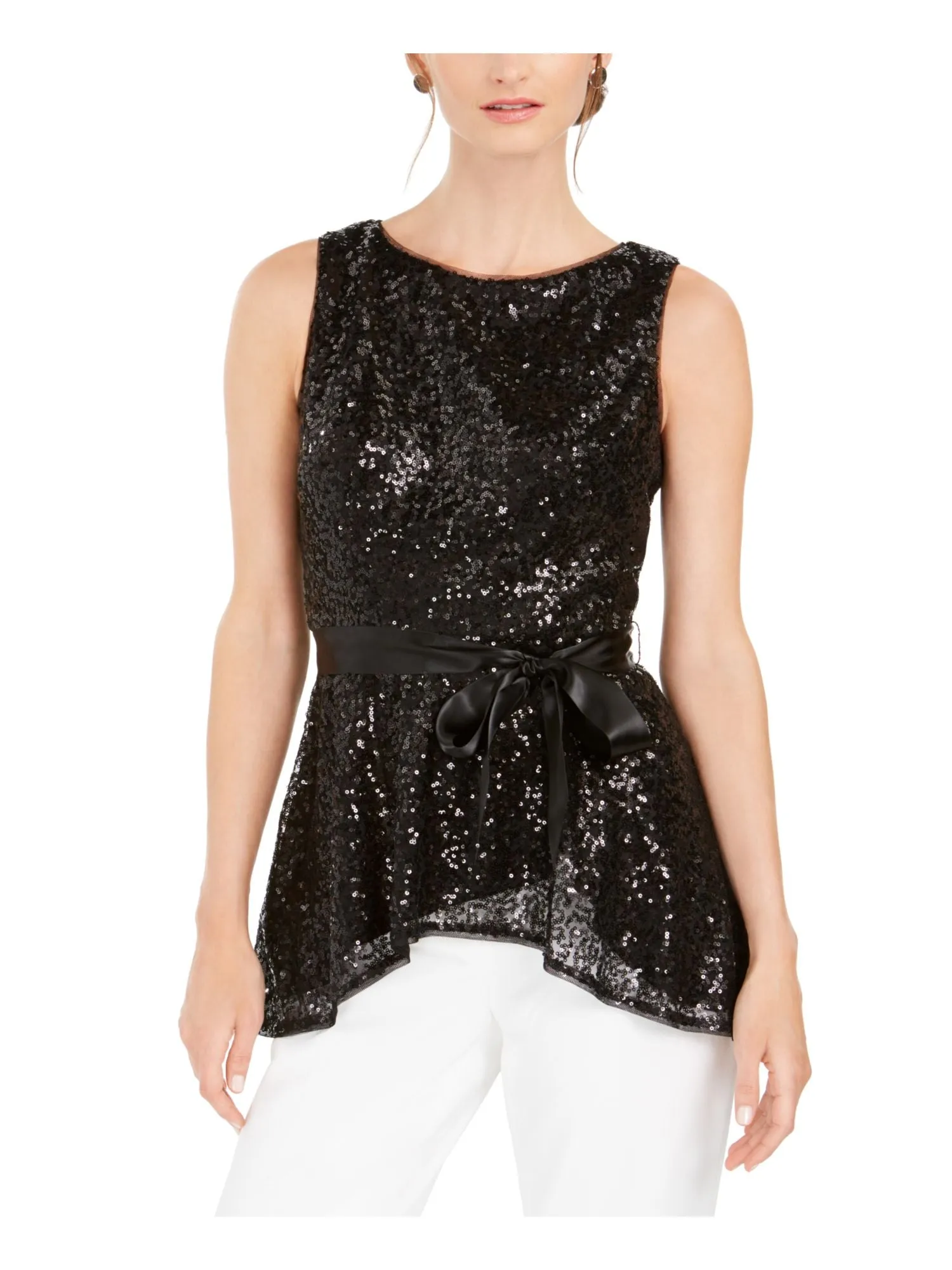 ADRIANNA PAPELL Womens Black Sequined Tie Sleeveless Jewel Neck Peplum Top