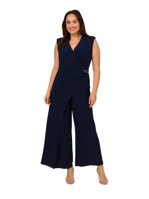 ADRIANNA PAPELL Womens Navy Zippered Pleated Embellished Asymmetric Overlay Sleeveless Surplice Neckline Wide Leg Jumpsuit