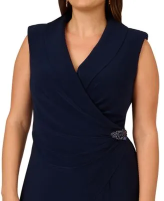 ADRIANNA PAPELL Womens Navy Zippered Pleated Embellished Asymmetric Overlay Sleeveless Surplice Neckline Wide Leg Jumpsuit