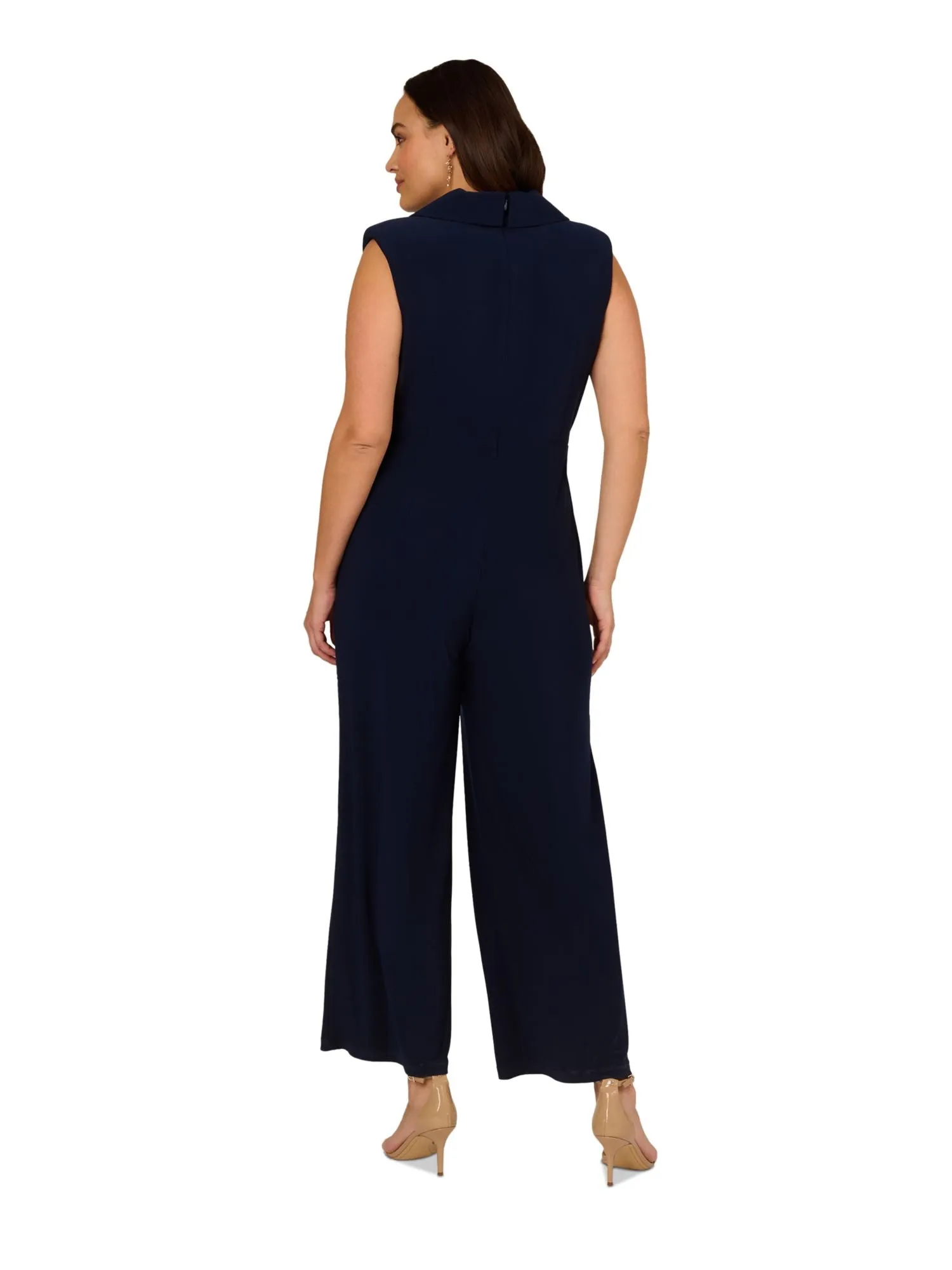 ADRIANNA PAPELL Womens Navy Zippered Pleated Embellished Asymmetric Overlay Sleeveless Surplice Neckline Wide Leg Jumpsuit