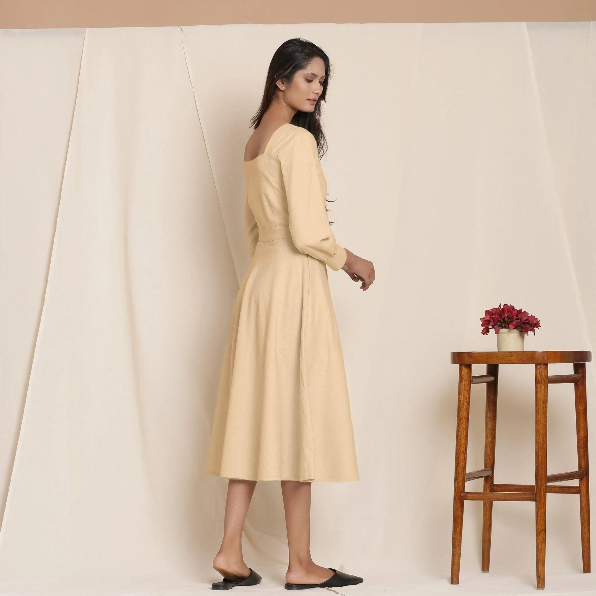Beige Warm Cotton Flannel Fit and Flare Midi Dress