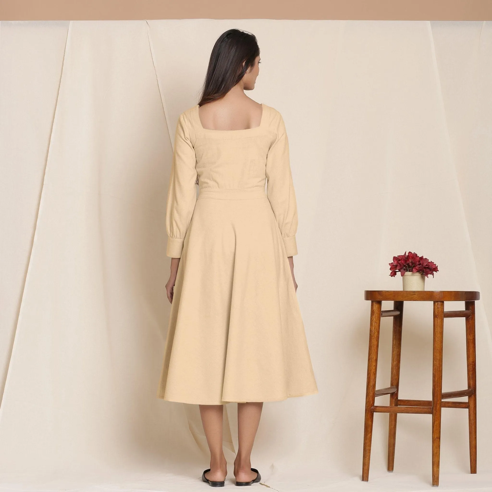 Beige Warm Cotton Flannel Fit and Flare Midi Dress