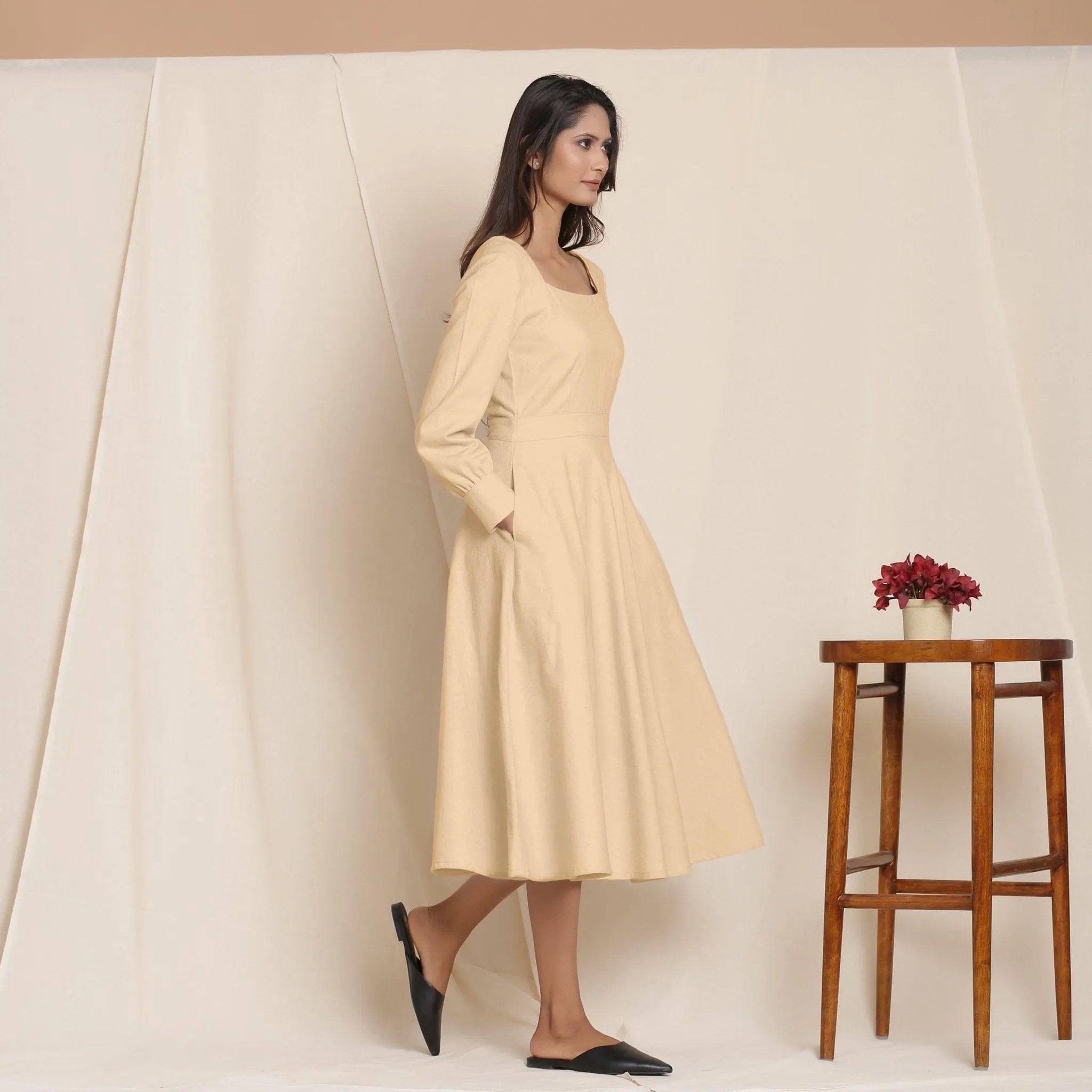 Beige Warm Cotton Flannel Fit and Flare Midi Dress