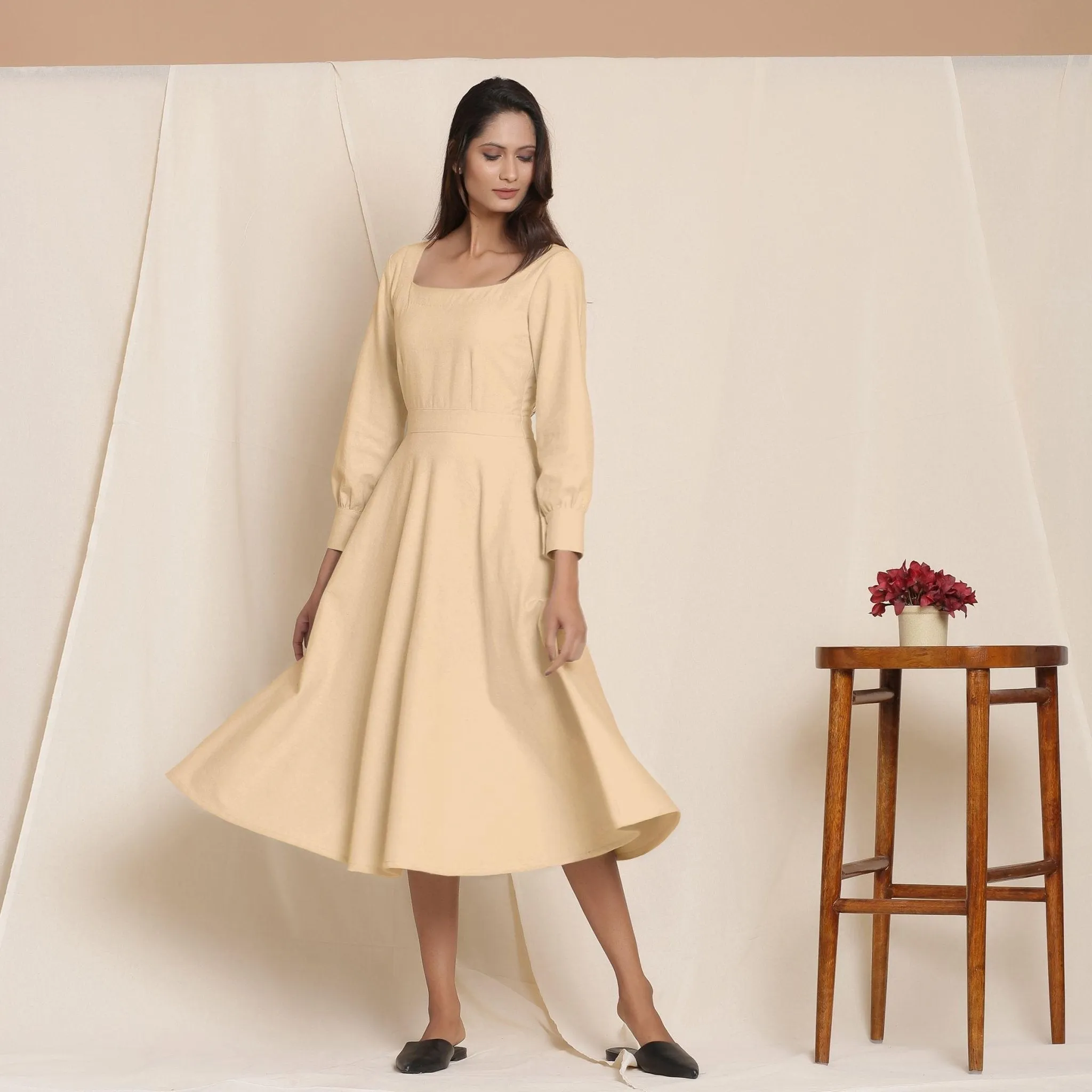 Beige Warm Cotton Flannel Fit and Flare Midi Dress