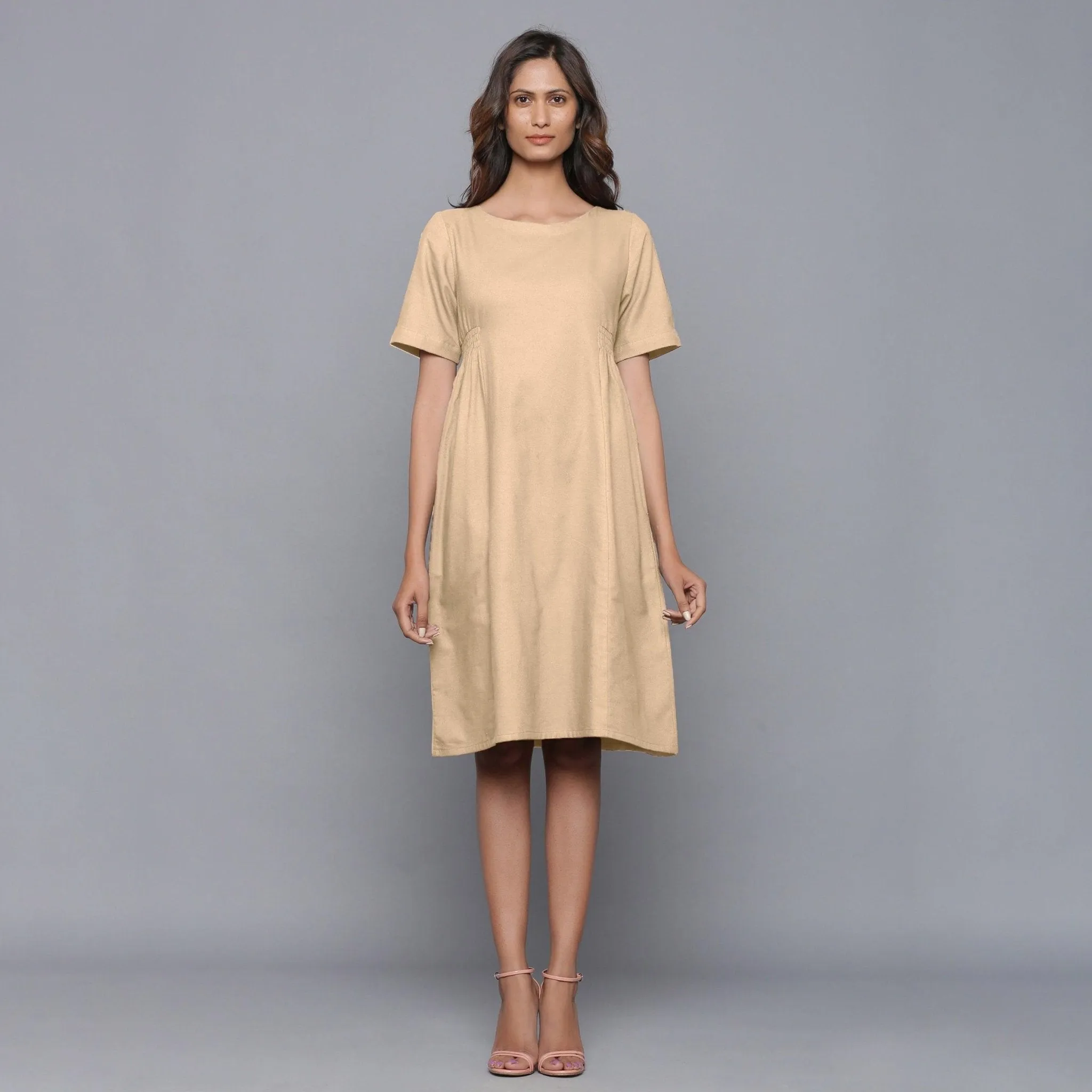 Beige Warm Cotton Flannel Knee Length Paneled Dress