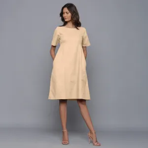 Beige Warm Cotton Flannel Knee Length Paneled Dress