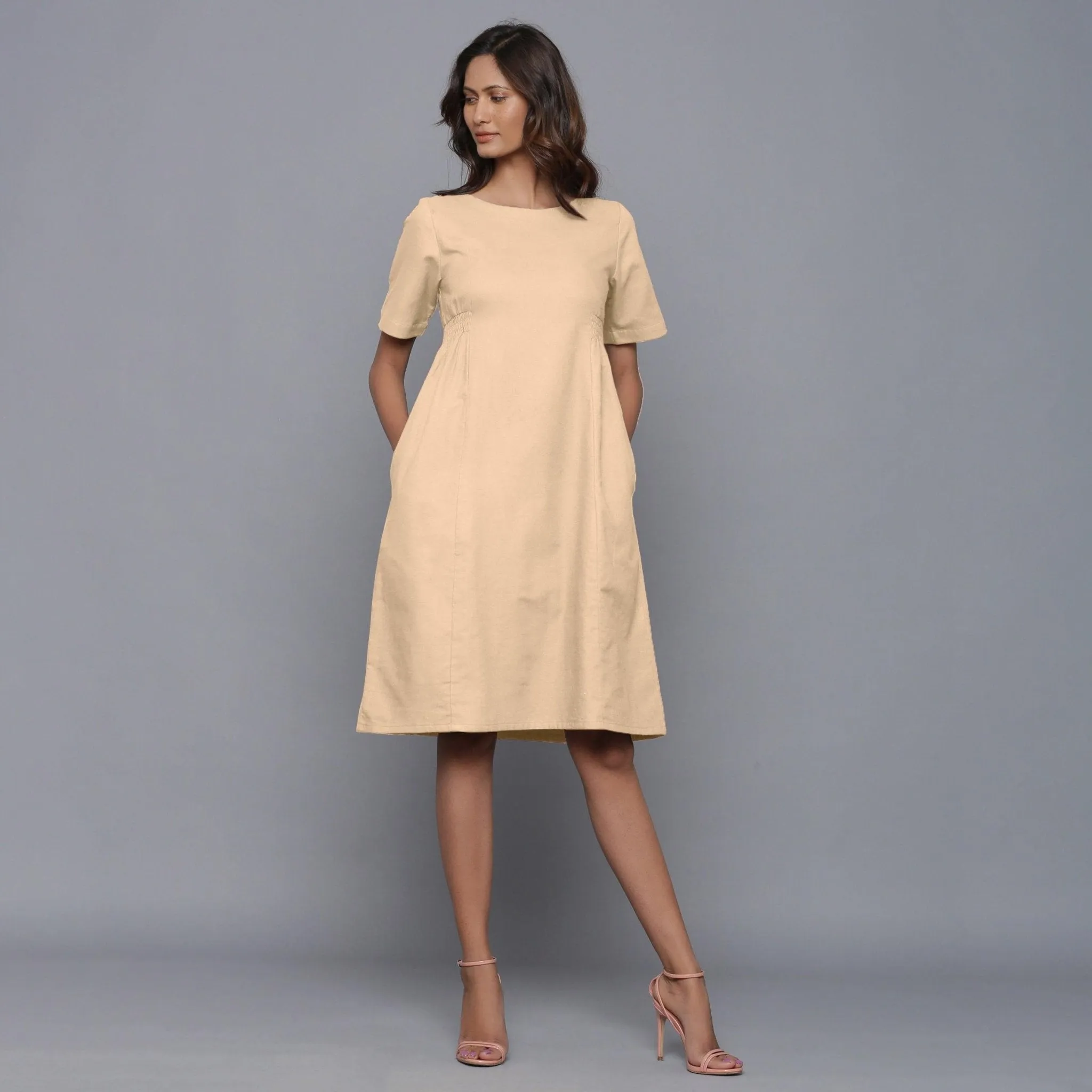 Beige Warm Cotton Flannel Knee Length Paneled Dress