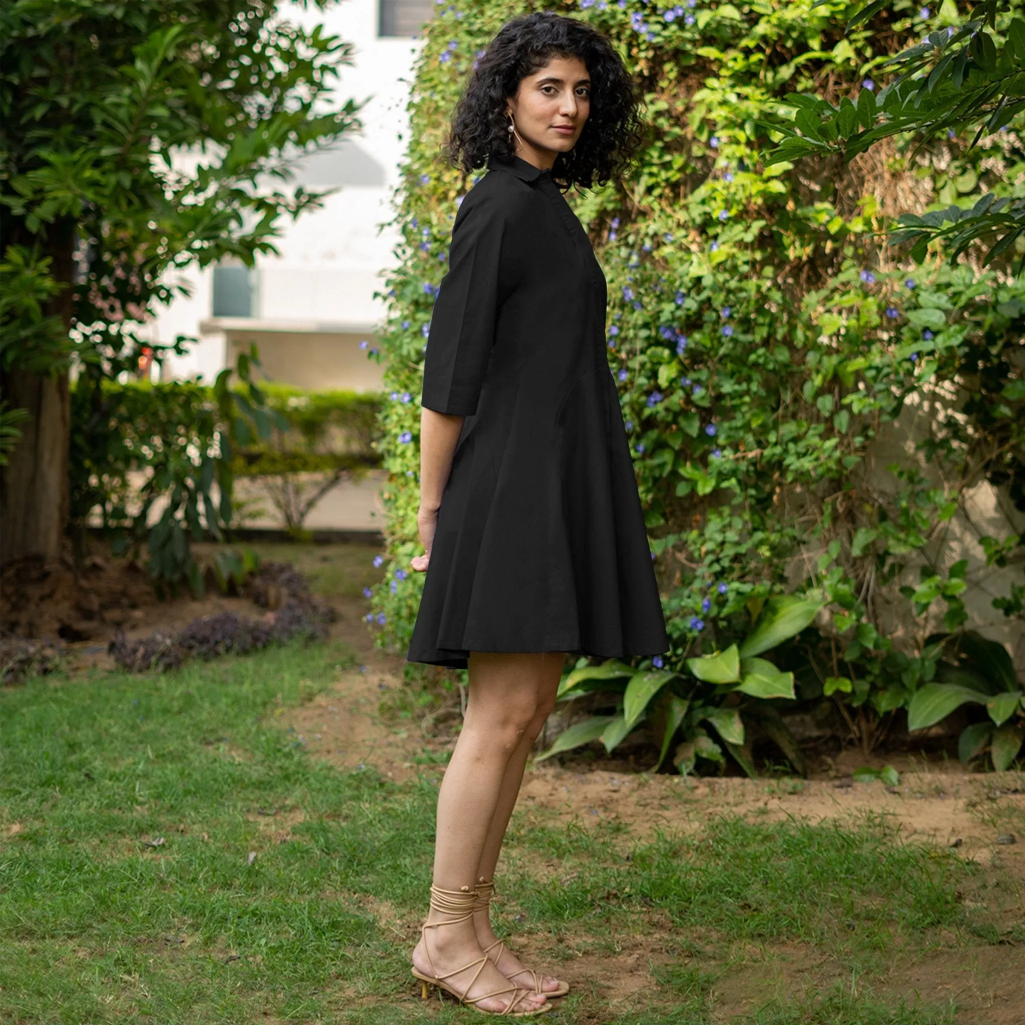 Black Cotton Poplin Fit and Flare Short Button-Down Shirt Dress