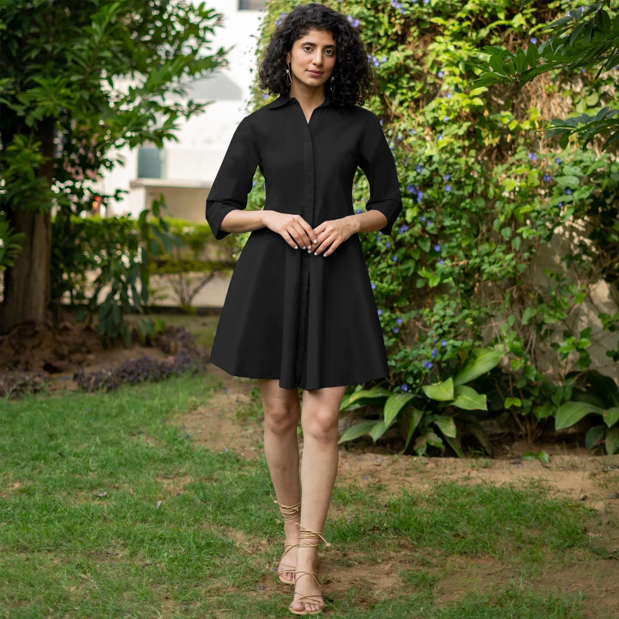 Black Cotton Poplin Fit and Flare Short Button-Down Shirt Dress