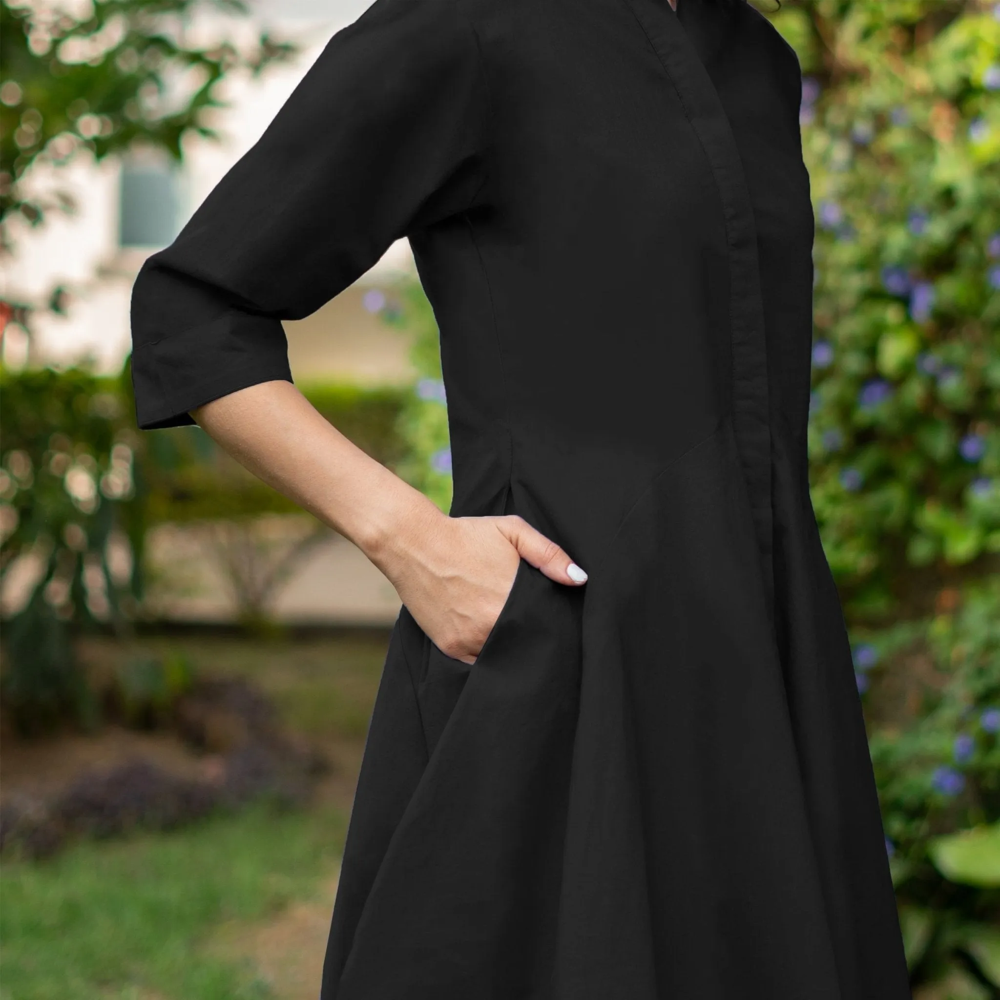 Black Cotton Poplin Fit and Flare Short Button-Down Shirt Dress