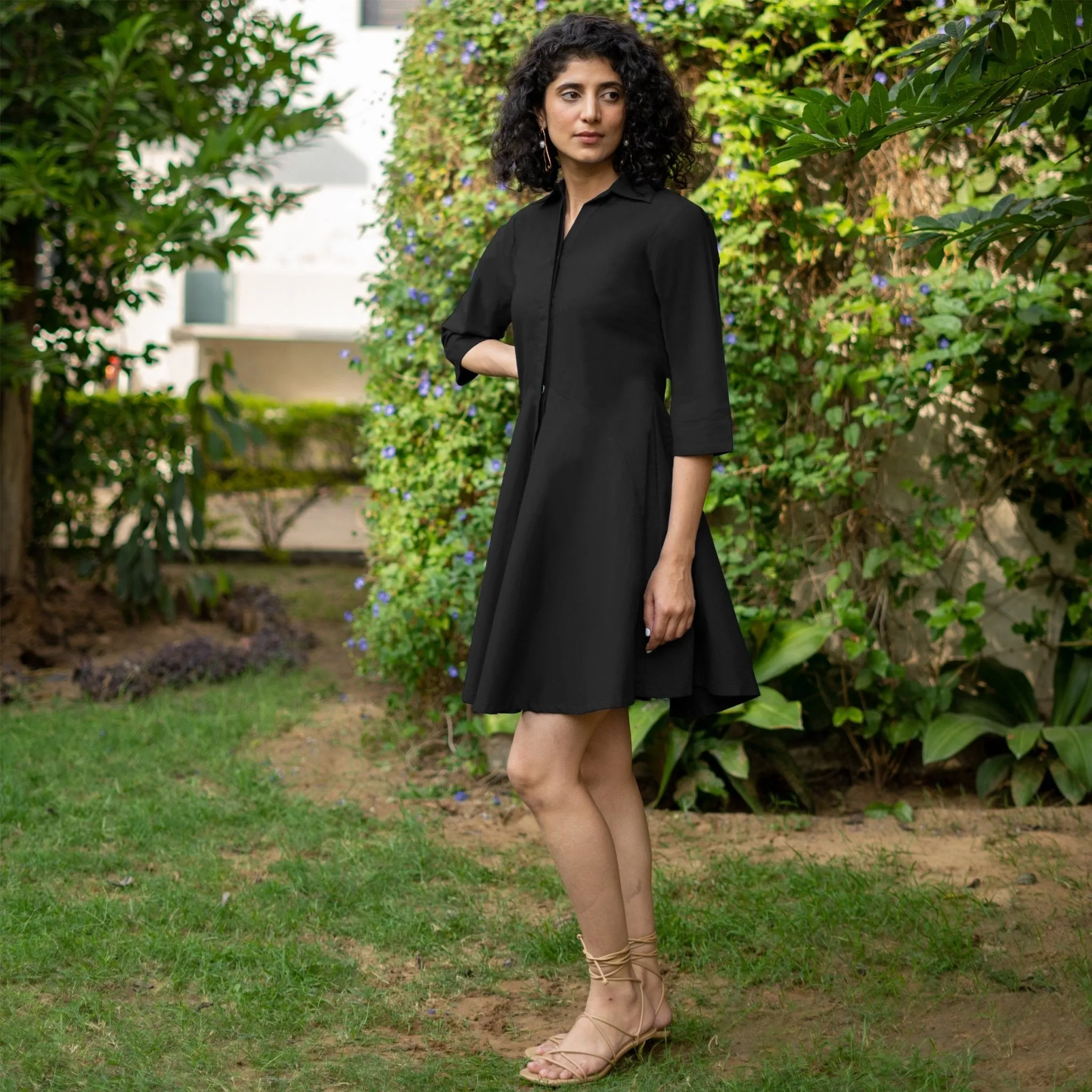Black Cotton Poplin Fit and Flare Short Button-Down Shirt Dress