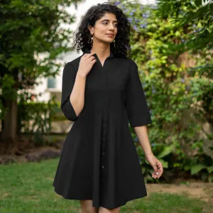 Black Cotton Poplin Fit and Flare Short Button-Down Shirt Dress