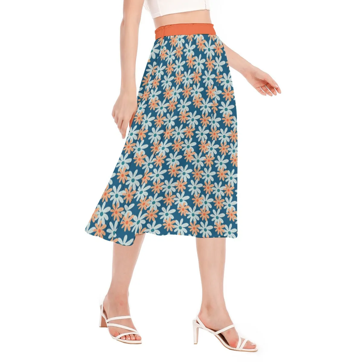 Bohemian Blue Floral Printed Women's Long Chiffon Skirt