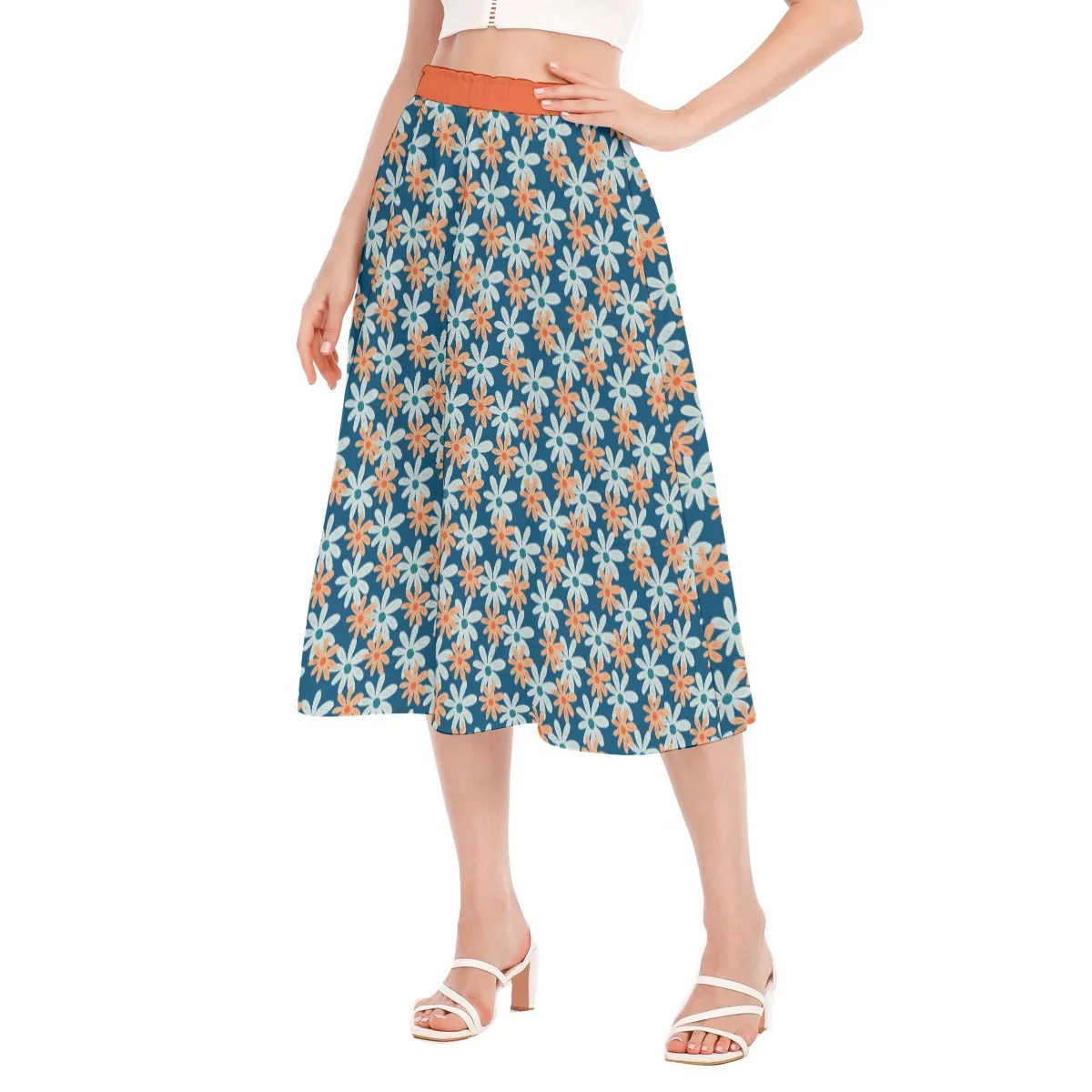Bohemian Blue Floral Printed Women's Long Chiffon Skirt