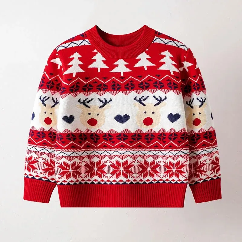 Cartoon Deer Design Knitted Christmas Sweaters For Kids
