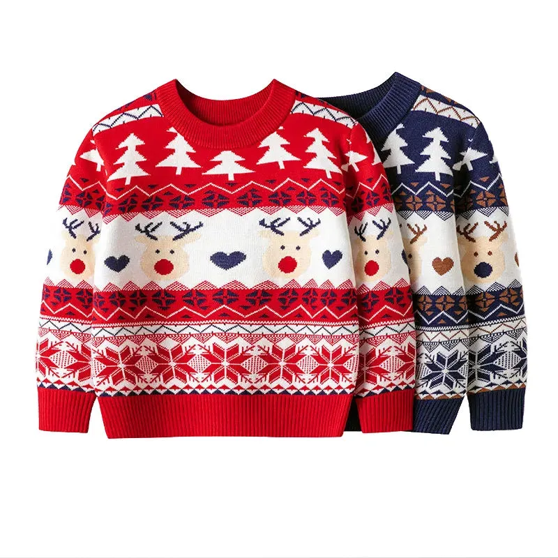 Cartoon Deer Design Knitted Christmas Sweaters For Kids