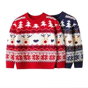 Cartoon Deer Design Knitted Christmas Sweaters For Kids