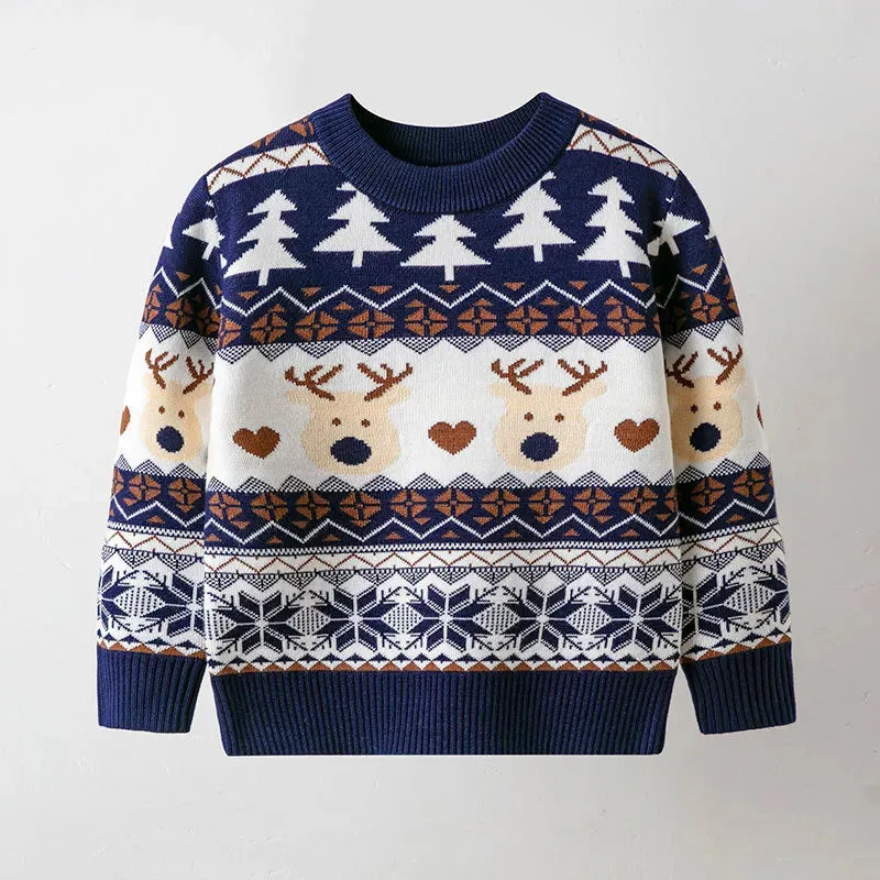 Cartoon Deer Design Knitted Christmas Sweaters For Kids