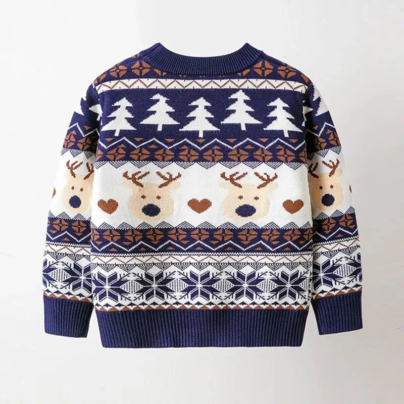 Cartoon Deer Design Knitted Christmas Sweaters For Kids