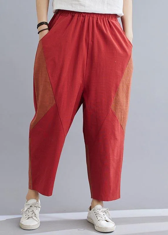 Elegant Navy Patchwork Elastic Waist Radish trousers Pants Summer Cotton Linen