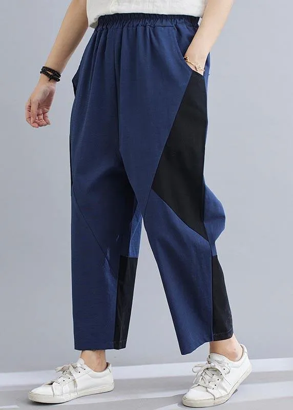 Elegant Navy Patchwork Elastic Waist Radish trousers Pants Summer Cotton Linen