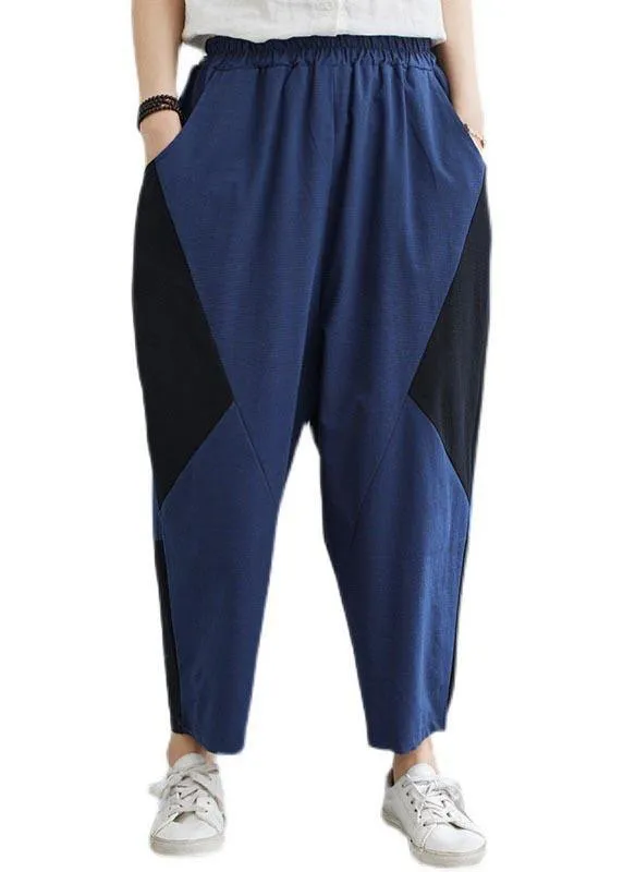 Elegant Navy Patchwork Elastic Waist Radish trousers Pants Summer Cotton Linen