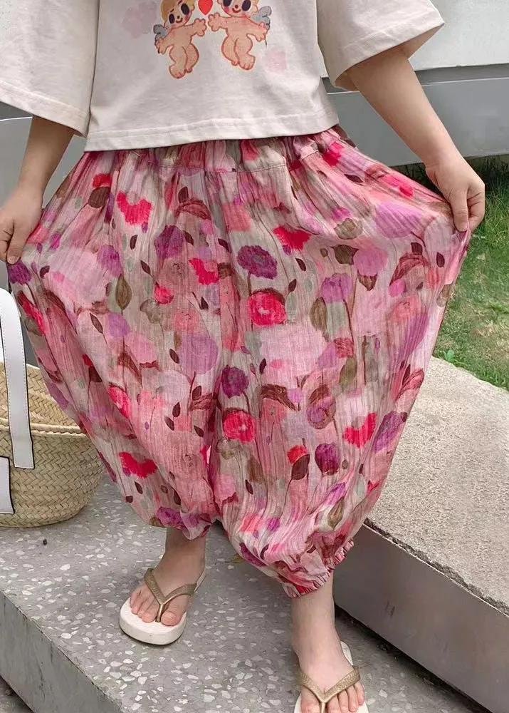 Elegant Pink Print Elastic Waist Kids Lantern Pants Summer LY5437