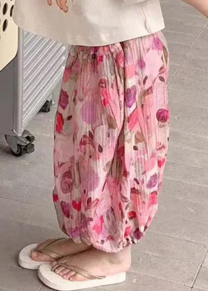 Elegant Pink Print Elastic Waist Kids Lantern Pants Summer LY5437