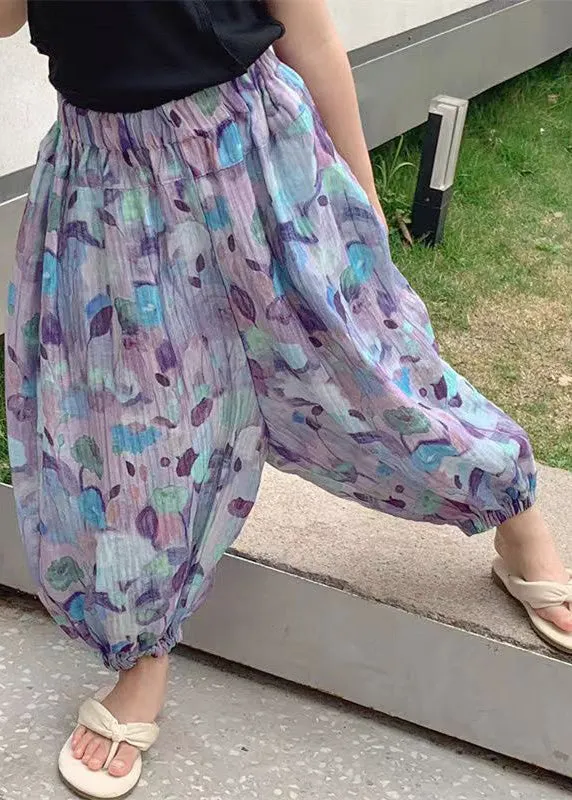 Elegant Pink Print Elastic Waist Kids Lantern Pants Summer LY5437