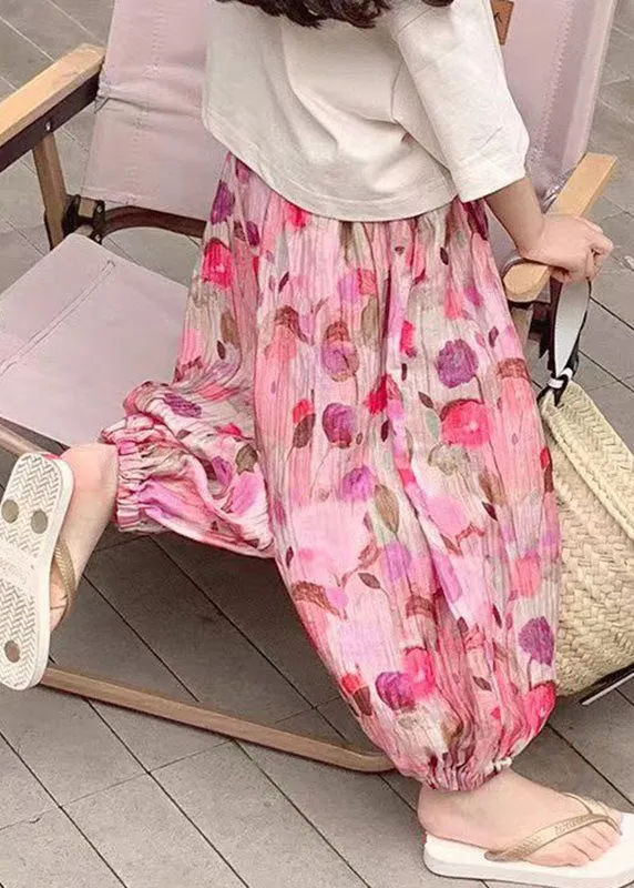 Elegant Pink Print Elastic Waist Kids Lantern Pants Summer LY5437