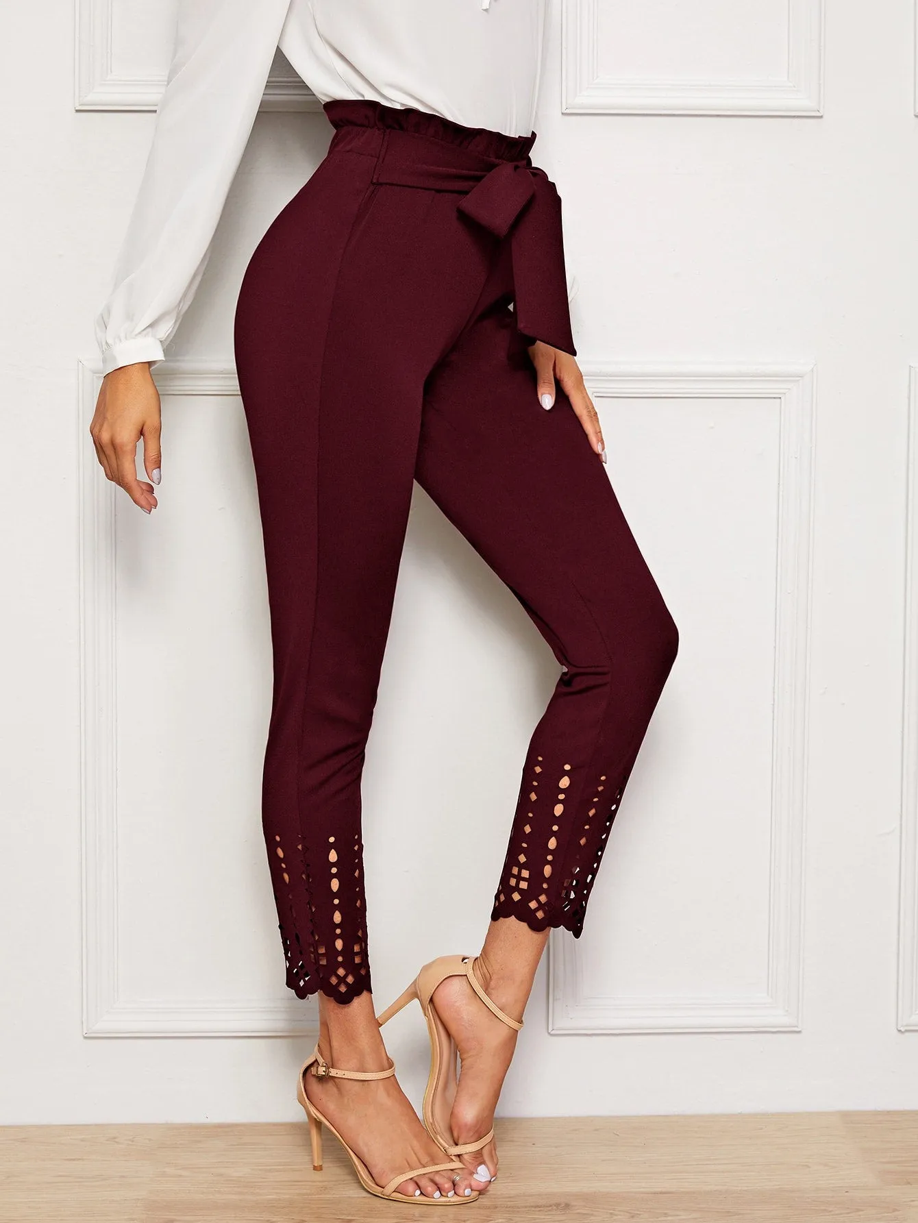 Elegant Plain Paper Bag Waist High Waist Cropped Women Pants
