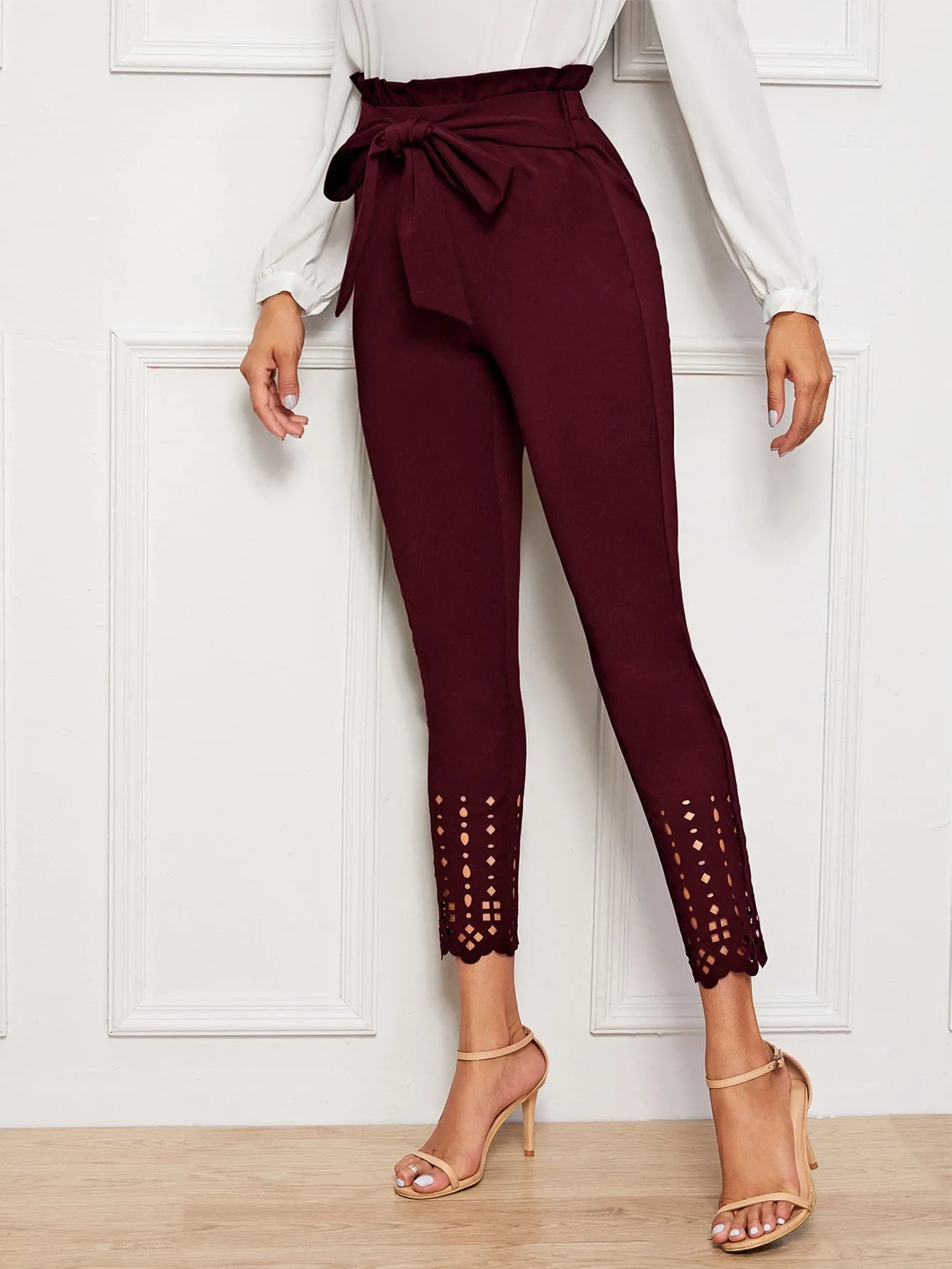 Elegant Plain Paper Bag Waist High Waist Cropped Women Pants