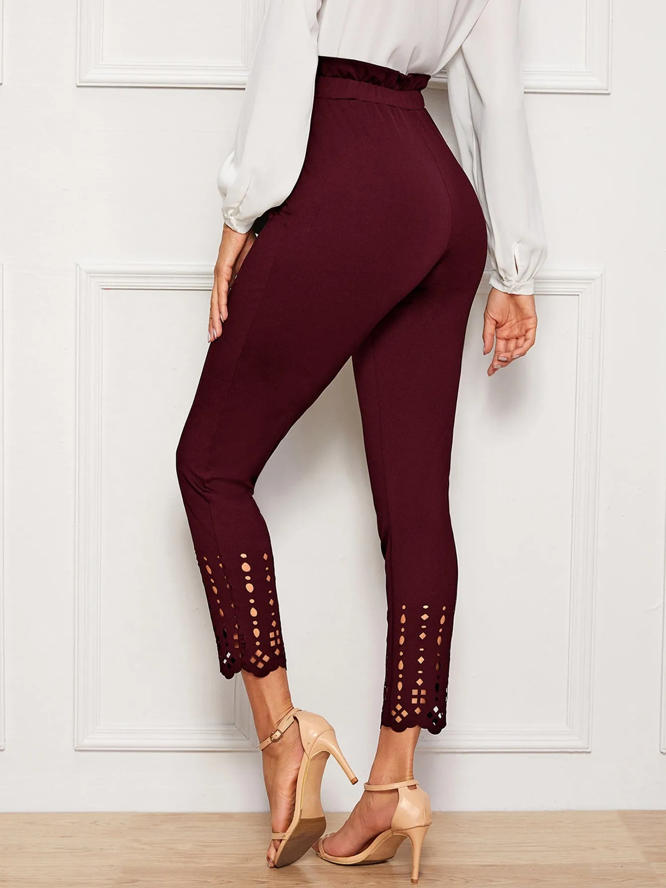 Elegant Plain Paper Bag Waist High Waist Cropped Women Pants