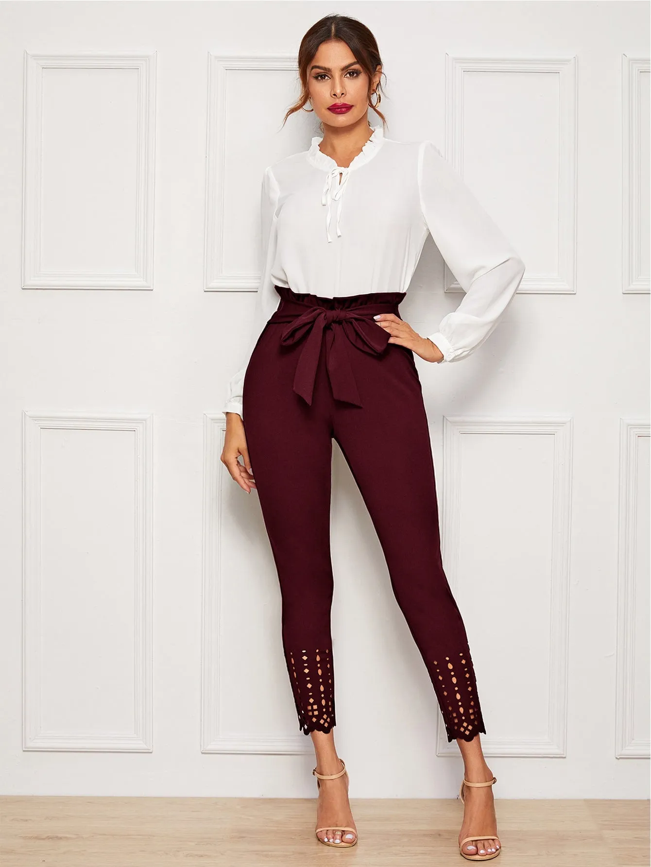 Elegant Plain Paper Bag Waist High Waist Cropped Women Pants