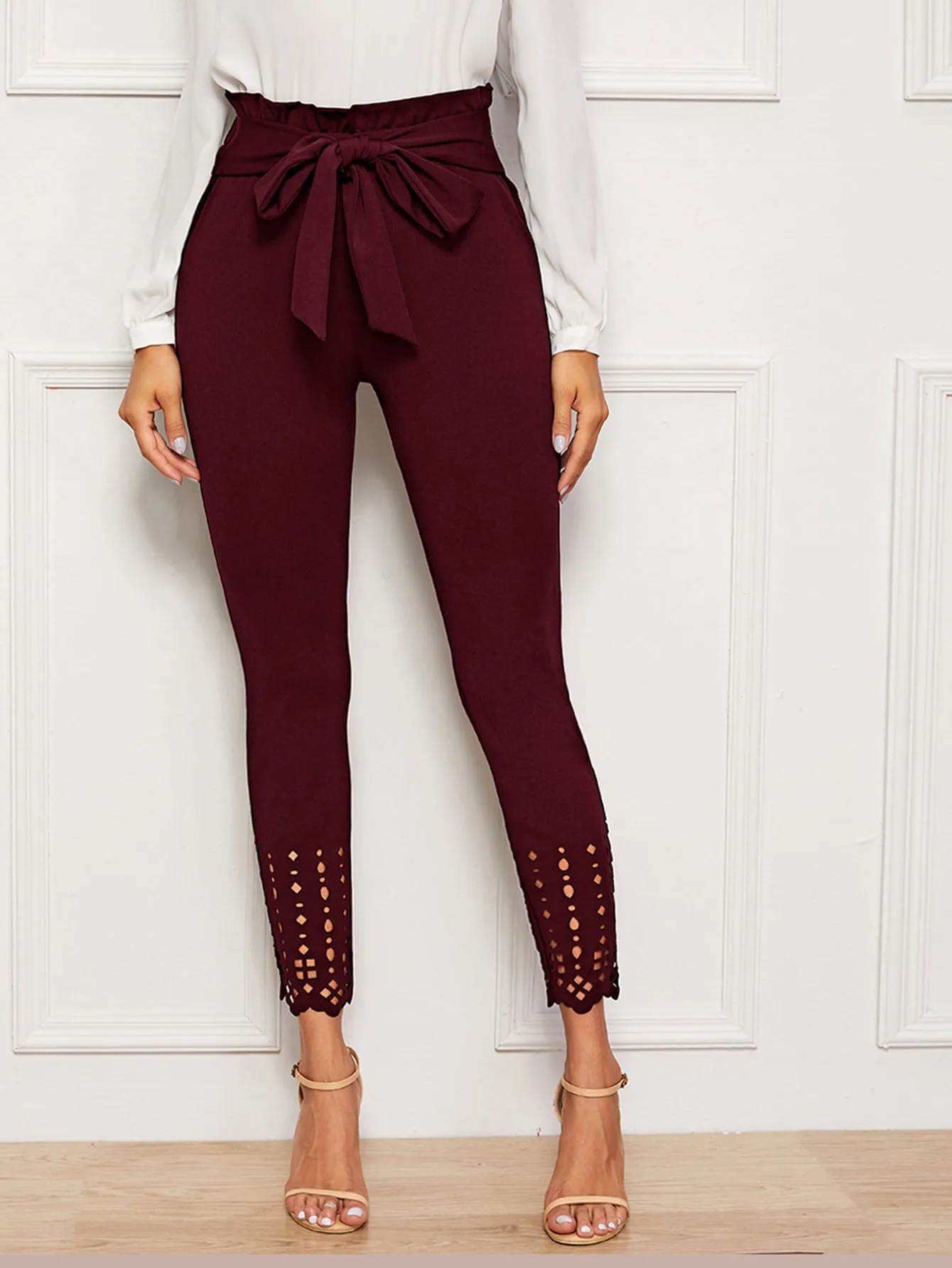 Elegant Plain Paper Bag Waist High Waist Cropped Women Pants