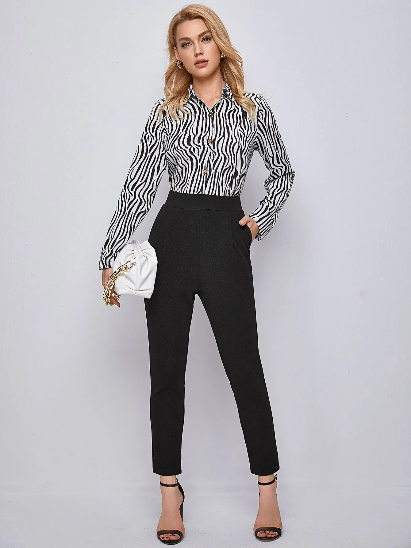 Elegant Plain Pocket High Waist Cropped Women Pants