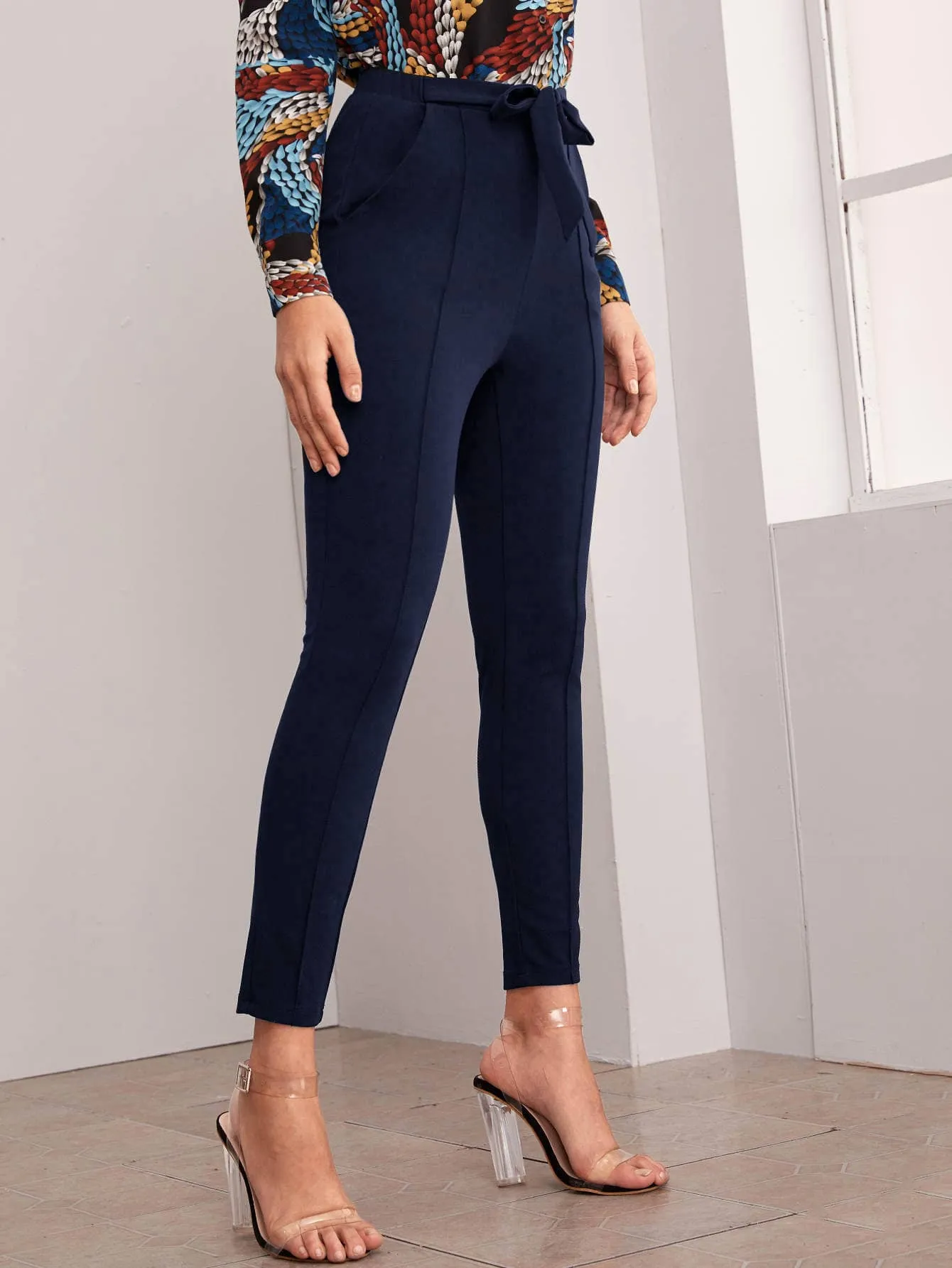 Elegant Plain Tie Front High Waist Cropped Women Pants