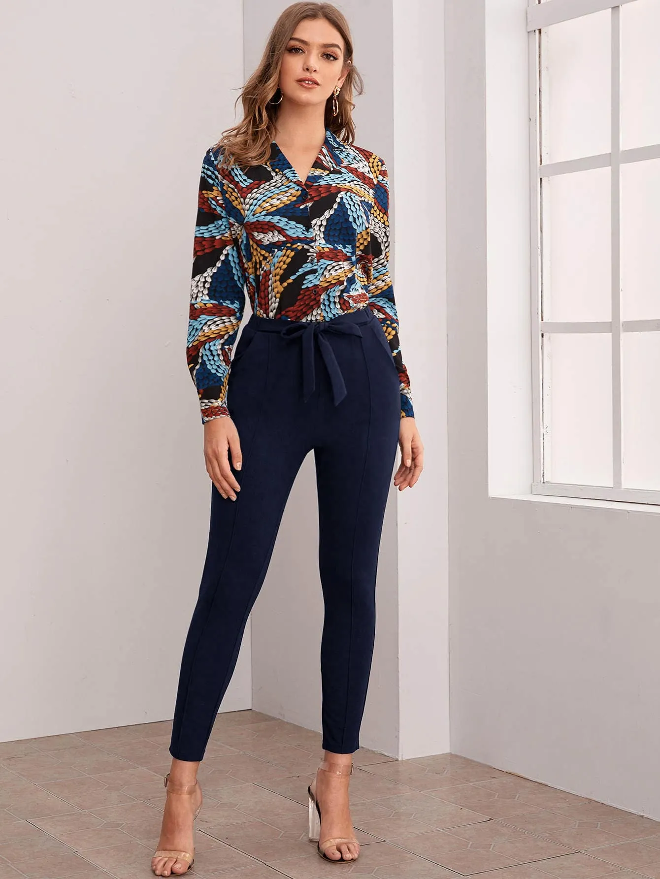 Elegant Plain Tie Front High Waist Cropped Women Pants