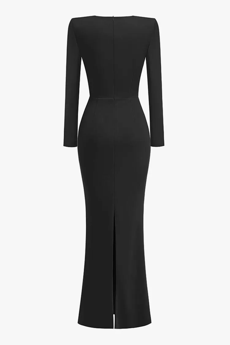 Elegant Pleated Sweetheart Shoulder Pad Bodycon Evening Maxi Dress