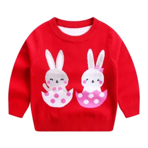 Girls' Sweaters Two Rabbits Round Neck Cotton Double Layer Warm