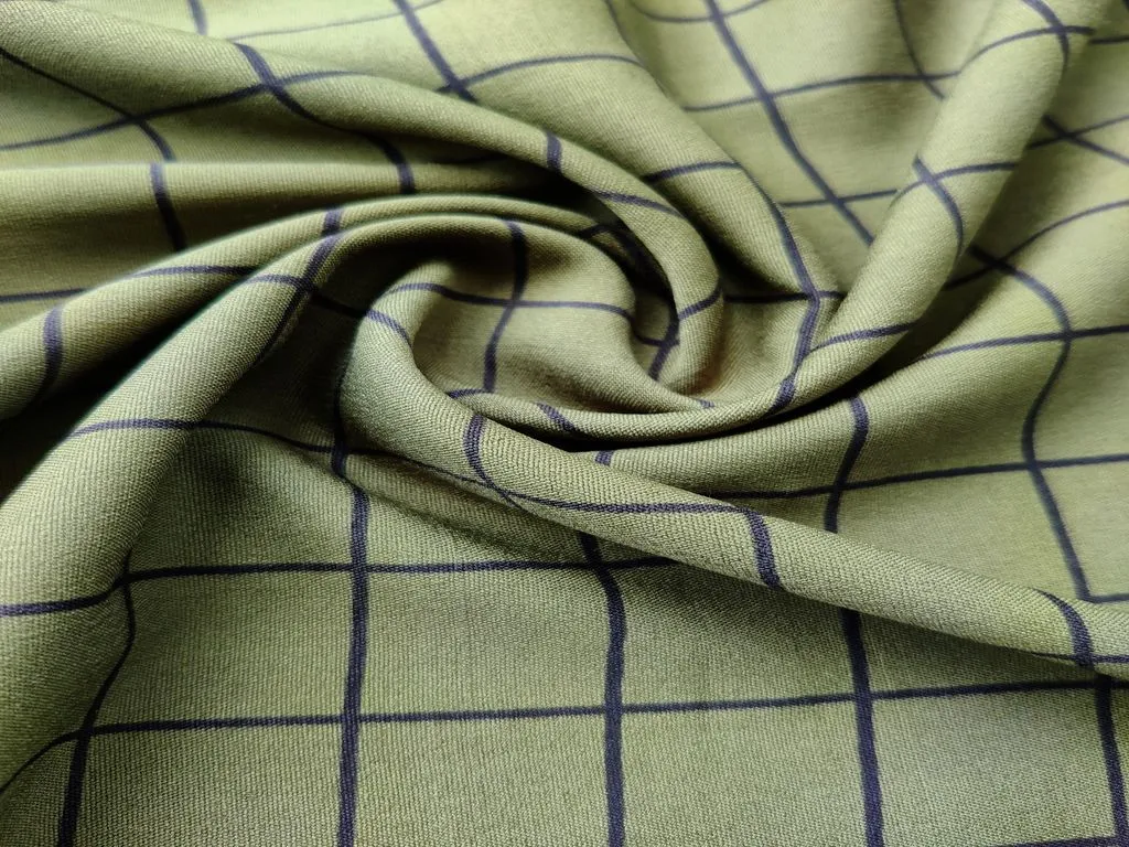 Green Black Checks Printed Poly Crepe Fabric