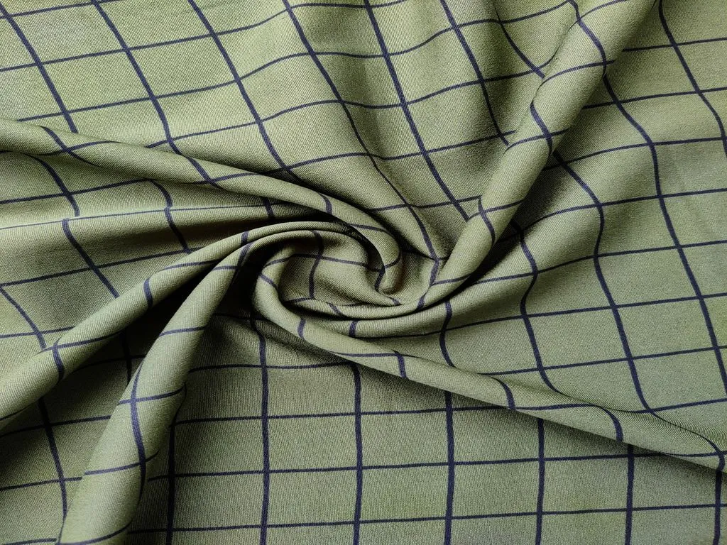 Green Black Checks Printed Poly Crepe Fabric