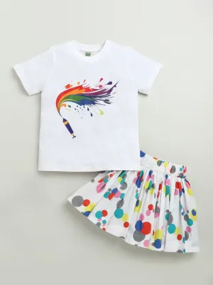 HOLI PRINT T-SHIRT WITH BUBBLE PRINT WHITE SKIRT CO-ORD SET FOR GIRLS